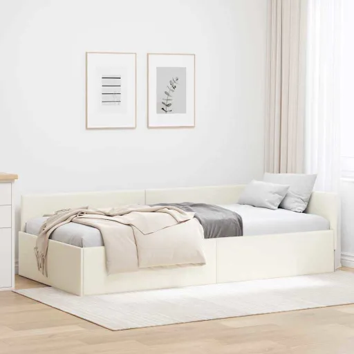 Estrutura de Cama de Canto com Cabeceira Creme 90 cm x 190 cm