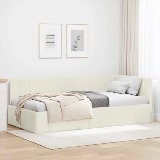 Estrutura de Cama de Canto Creme 90 cm x 200 cm Veludo