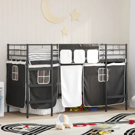 Estrutura de Cama Loft para Crianças com Cortinas Preto