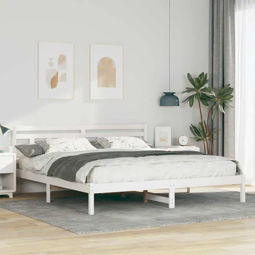 Estrutura da Cama com Cabeceira Branco Madeira de Pinho Maciça