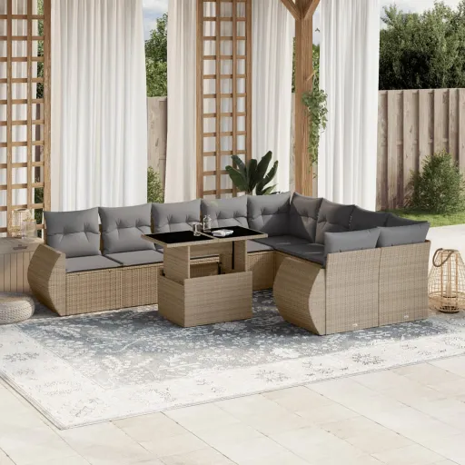 Conjunto de Sofás p/ Jardim com Almofadões Vime PE Bege (10 pcs)