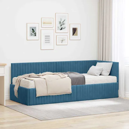 Estrutura de Cama de Canto com Colchão   Azul Veludo (2 pcs)
