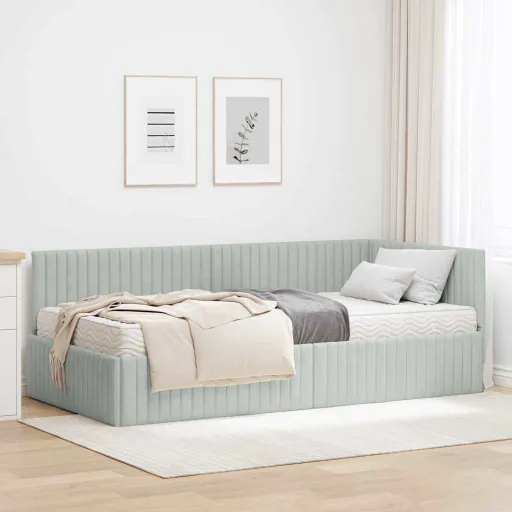 Estrutura de Cama de Canto com Colchão   Cinzento-Claro (2 pcs)