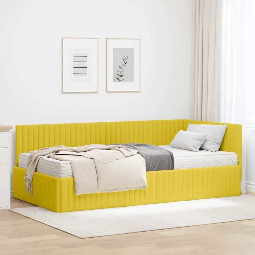 Estrutura de Cama de Canto com Colchão   Amarelo Veludo (2 pcs)