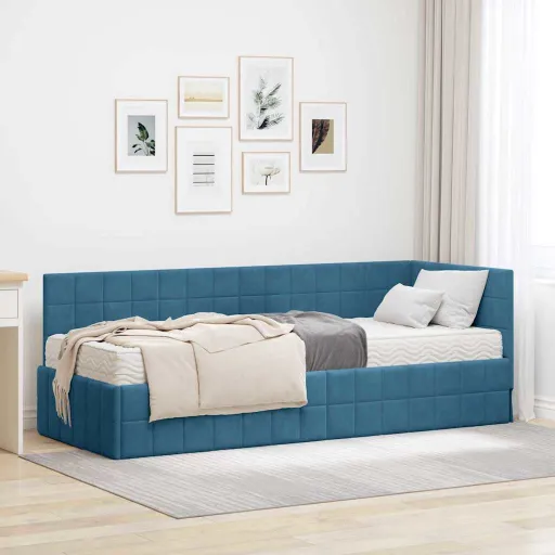 Estrutura de Cama de Canto com Colchão Manual   Azul Veludo (2 pcs)