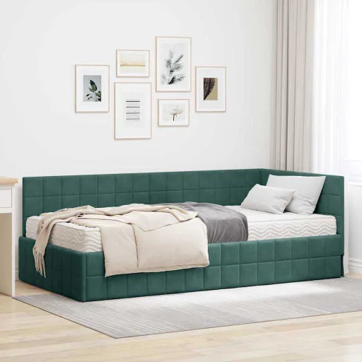 Estrutura de Cama de Canto com Colchão   Verde Veludo (2 pcs)