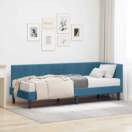 Estrutura de Cama de Canto com Colchão Manual   Azul Veludo (2 pcs)
