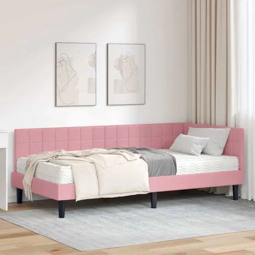 Estrutura de Cama de Canto com Colchão   Cinzeto Veludo (2 pcs)