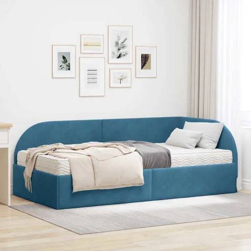 Estrutura de Cama de Canto com Colchão Manual   Azul Veludo (2 pcs)