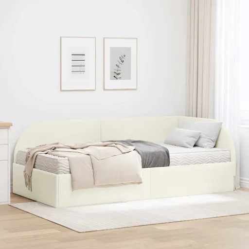 Estrutura de Cama de Canto com Colchão   Creme Veludo (2 pcs)