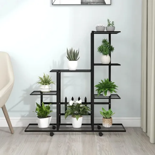 Suporte de Vasos c/ Rodas 94,5x25x92,5 cm Metal Preto