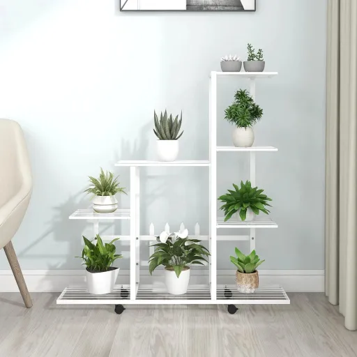 Suporte de Vasos c/ Rodas 94,5x25x92,5 cm Metal Branco