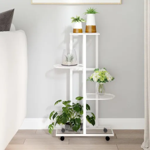 Suporte Vasos c/ 4 Prateleiras e Rodas 44x23x80 cm Ferro Branco
