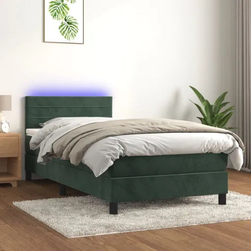 Cama Box Spring c/ Colchão/LED 100x200 cm Veludo Verde-Escuro