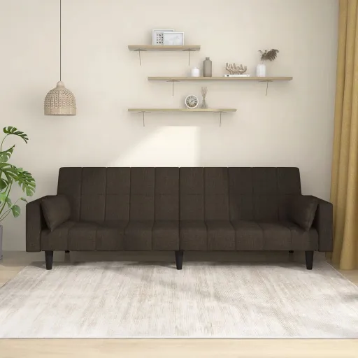 Sofá-Cama 2 Lugares com Duas Almofadas Tecido Castanho-Escuro