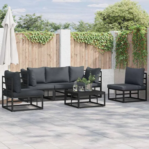 Conjunto de Sofá de Jardim com Almofada   Preto Alumínio (5 pcs)