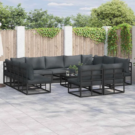 Conjunto de Sofá de Jardim com Almofada   Preto Alumínio (11 pcs)