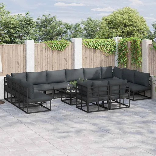 Conjunto de Sofá de Jardim com Almofada   Preto Alumínio (12 pcs)