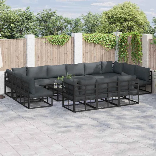 Conjunto de Sofá de Jardim com Almofada   Preto Alumínio (13 pcs)