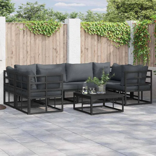 Conjunto de Sofá de Jardim com Almofada   Preto Alumínio (6 pcs)
