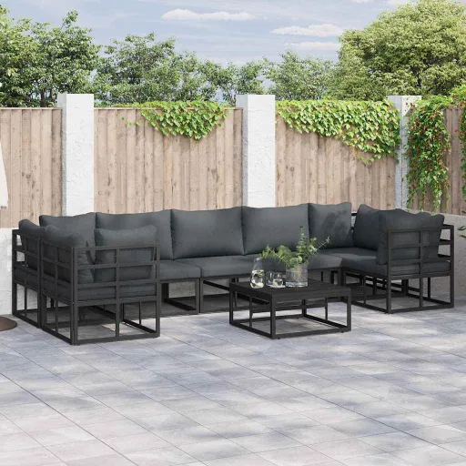 Conjunto de Sofá de Jardim com Almofada   Preto Alumínio (7 pcs)
