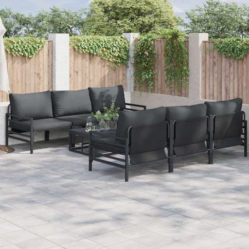 Conjunto de Sofá de Jardim com Almofada   Preto Aço (7 pcs)
