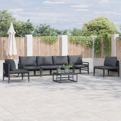 Conjunto de Sofá de Jardim com Almofada   Preto Aço (6 pcs)