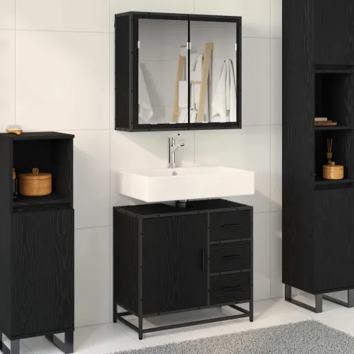 Conjunto de Móveis para Banheiro com Porta   Carvalho Preto (2 pcs)