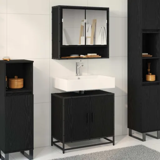 Conjunto de Móveis para Banheiro com Porta   Carvalho Preto (2 pcs)