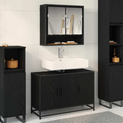 Conjunto de Móveis para Banheiro com Porta   Carvalho Preto (2 pcs)