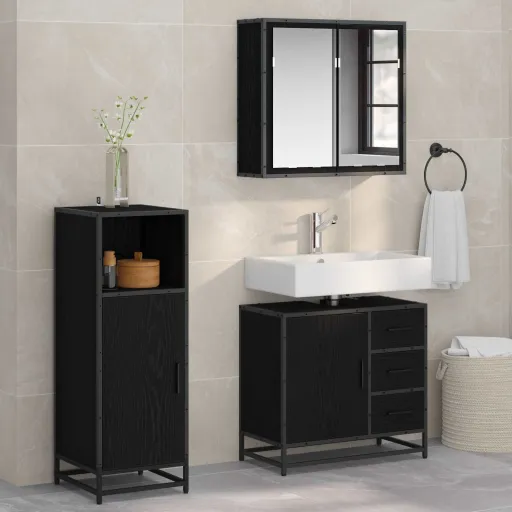 Conjunto de Móveis para Banheiro com Porta   Carvalho Preto (3 pcs)