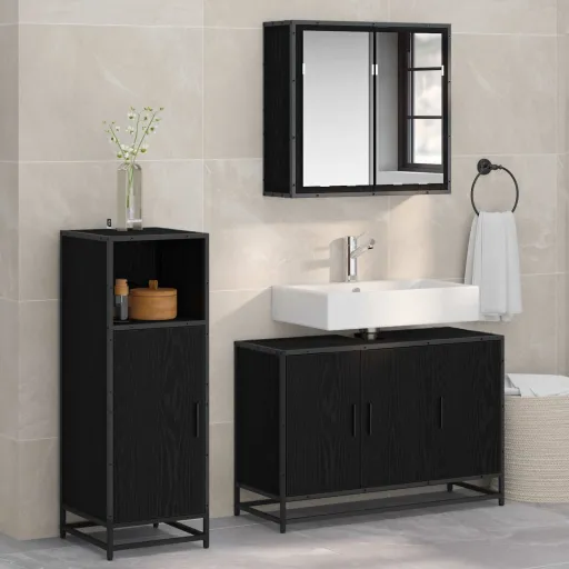 Conjunto de Móveis para Banheiro com Porta   Carvalho Preto (3 pcs)