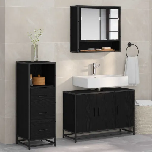 Conjunto de Móveis para Banheiro com Porta   Carvalho Preto (3 pcs)