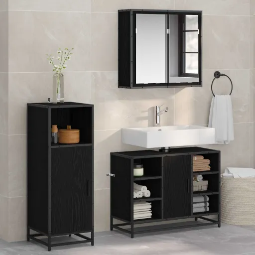 Conjunto de Móveis para Banheiro com Porta   Carvalho Preto (3 pcs)