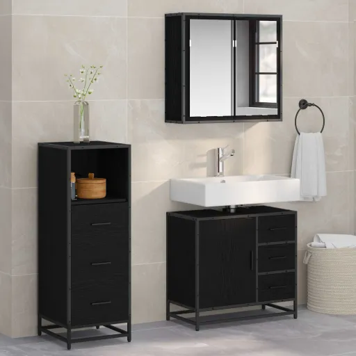 Conjunto de Móveis para Banheiro com Porta   Carvalho Preto (3 pcs)