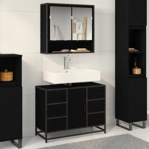 Conjunto de Móveis para Banheiro com Porta   Carvalho Preto (2 pcs)