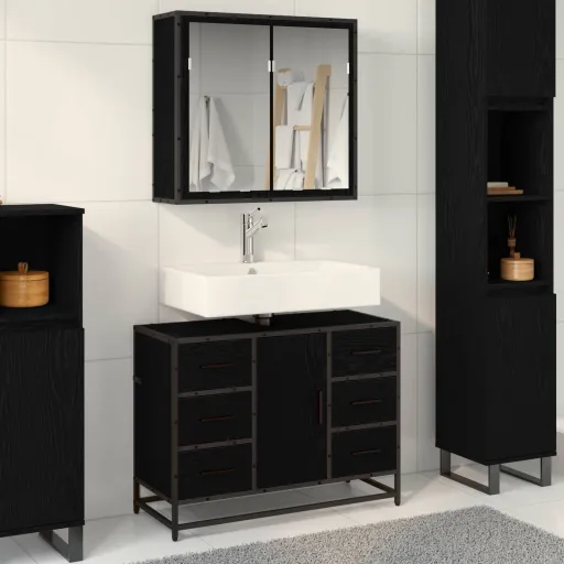 Conjunto de Móveis para Banheiro com Porta   Carvalho Preto (2 pcs)