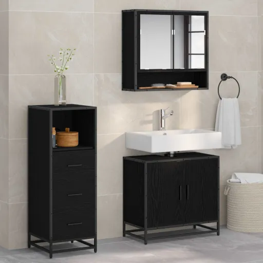 Conjunto de Móveis para Banheiro com Porta   Carvalho Preto (3 pcs)