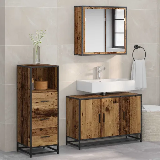 Conjunto de Móveis para Banheiro com Porta   Madeira Antiga (3 pcs)