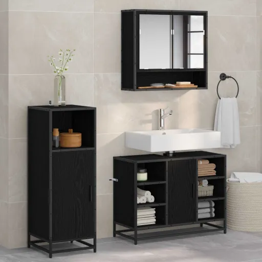 Conjunto de Móveis para Banheiro com Porta   Carvalho Preto (3 pcs)