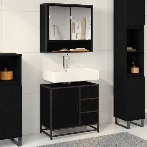 Conjunto de Móveis para Banheiro com Porta   Carvalho Preto (2 pcs)
