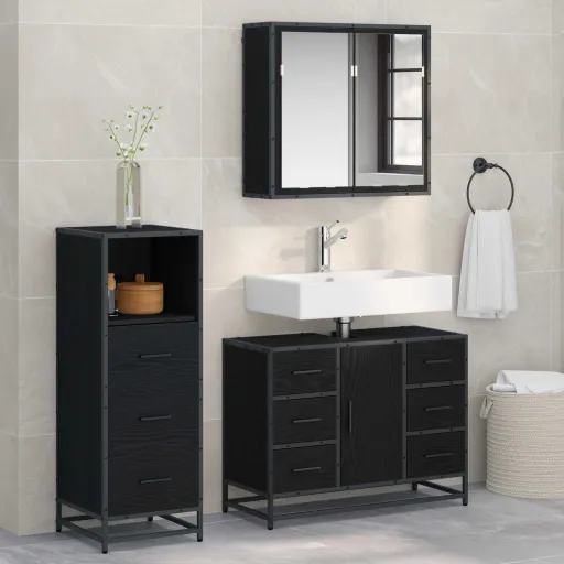 Conjunto de Móveis para Banheiro com Porta   Carvalho Preto (3 pcs)