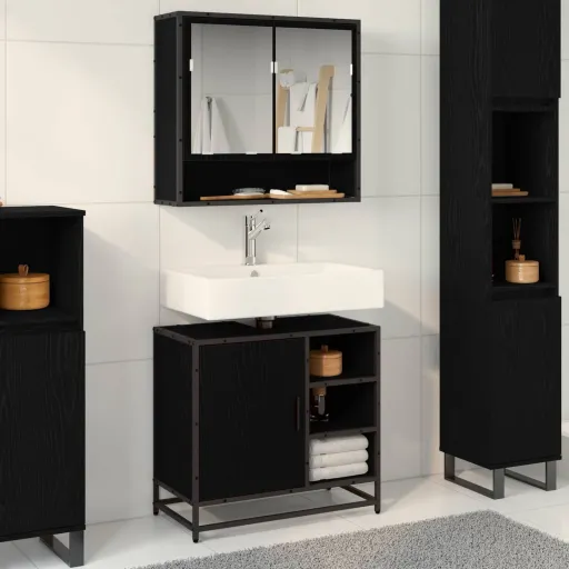 Conjunto de Móveis para Banheiro com Porta   Carvalho Preto (2 pcs)