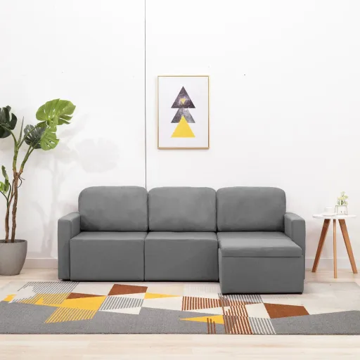 Sofá-Cama Modular de 3 Lugares Tecido Cinzento-Claro