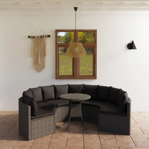 Conjunto Sofás de Jardim c/ Almofadões Vime PE Cinzento (7 pcs)