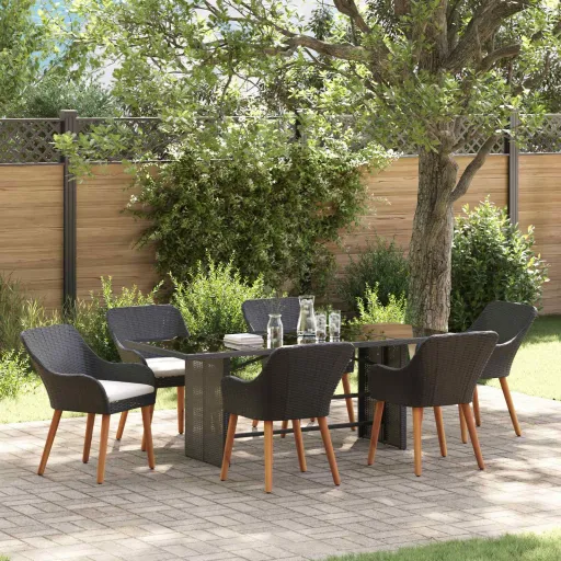 Conjunto de Jantar para Jardim com Almofada   Preto Vime PE (7 pcs)
