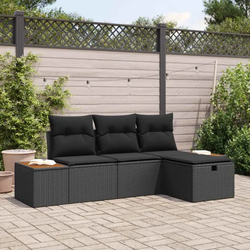 Conjunto de Sofá de Jardim com Almofada   Preto Vime PE (4 pcs)