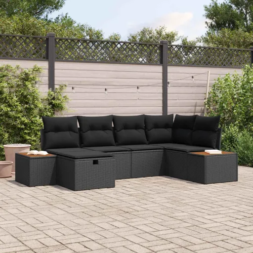 Conjunto de Sofá de Jardim com Almofada Preto Vime PE