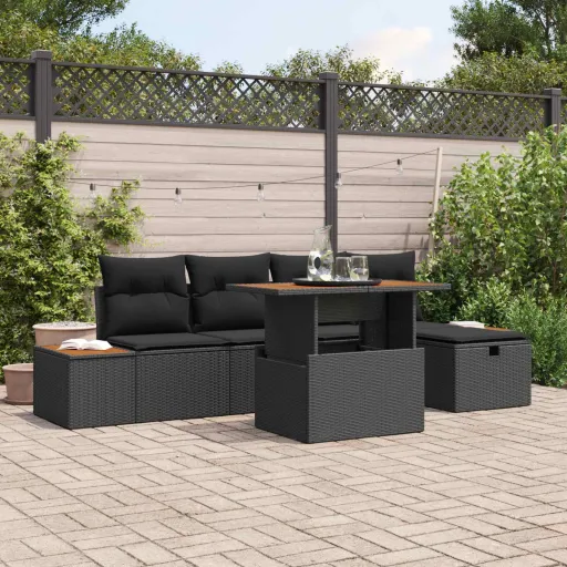Conjunto de Sofá de Jardim   Preto Vime PE (6 pcs)