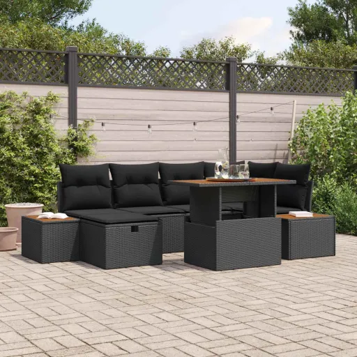 Conjunto de Sofá de Jardim   Preto Vime PE (7 pcs)